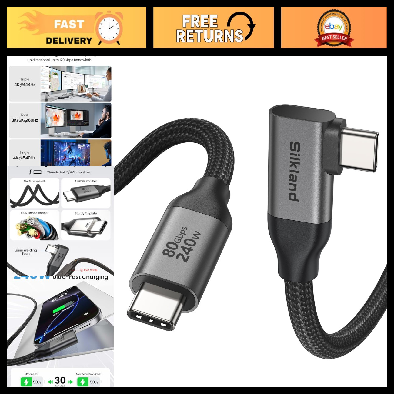 80Gbps Right Angle USB 4 Cable, Thunderbolt 5, 240W Power Delivery, 4FT Length