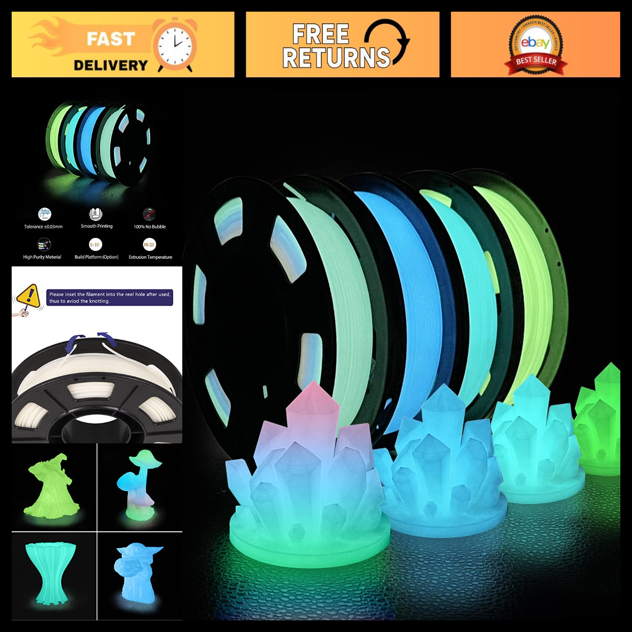 3D Printer Filament Bundle - Glow in the Dark PLA, Multicolor 1.75mm, 250g x 4 P