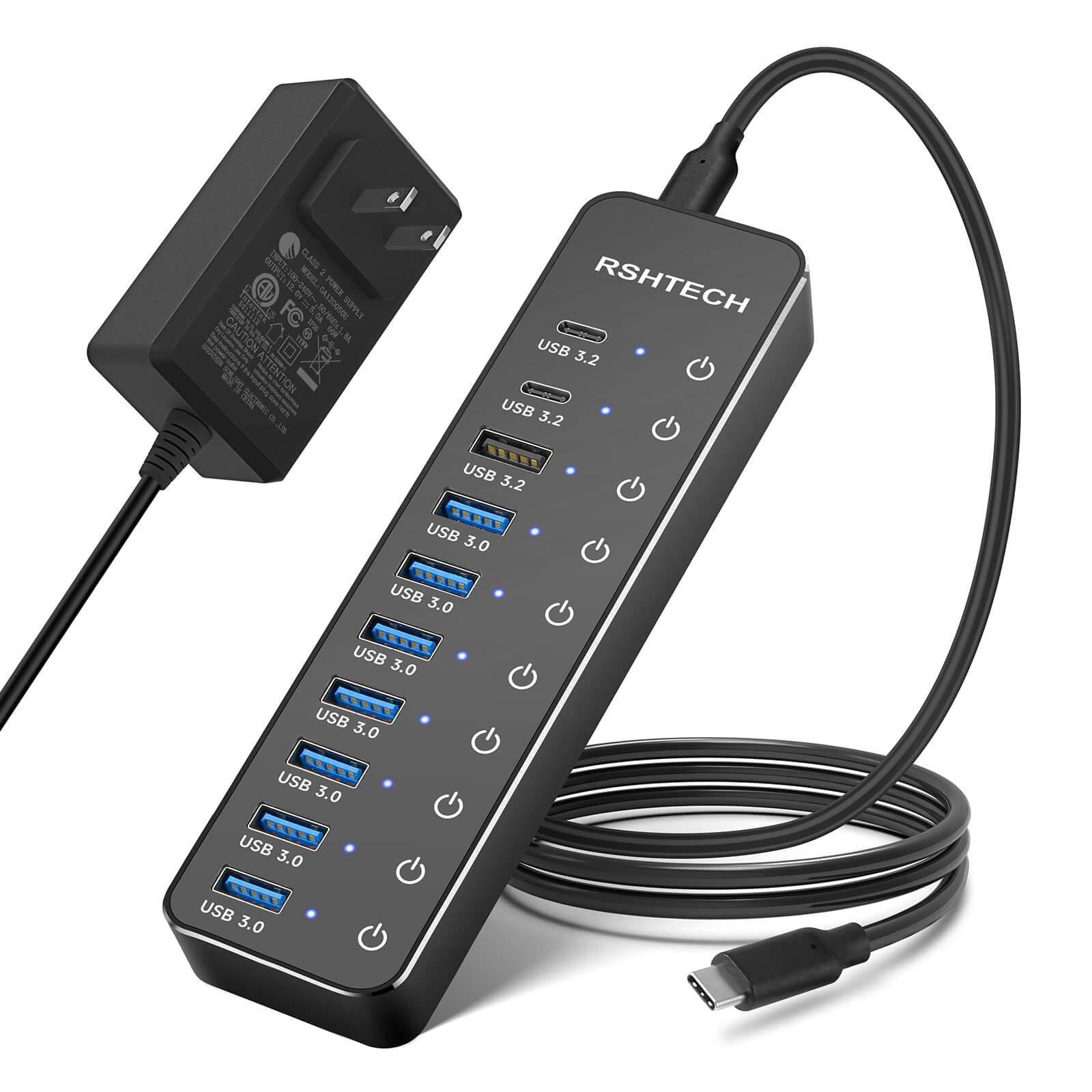 10-Port Powered USB C 3.2 Hub, Hybrid USB Hub 60W, RSH-ST10C