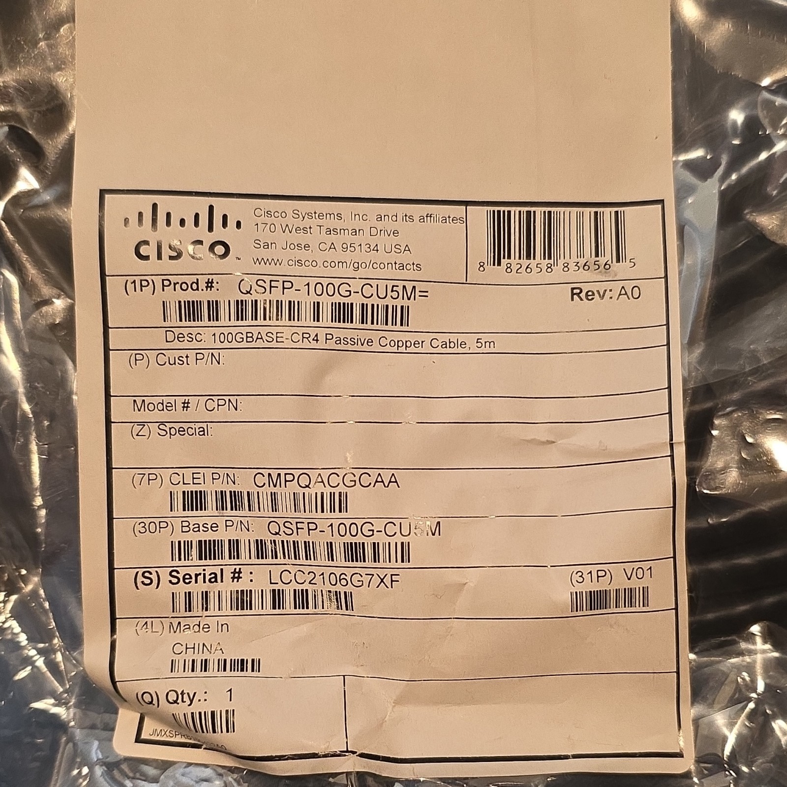 Cisco QSFP-100G-CU5M 100GBASE-CR4 Passive Copper Cable 5m