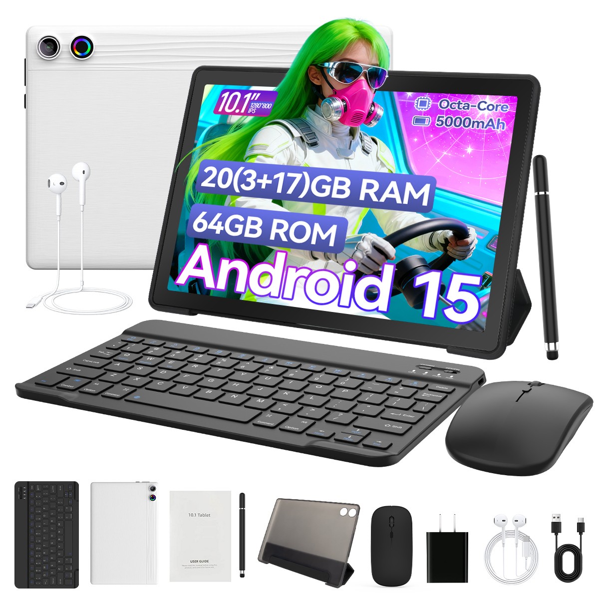 Tablet 10.1 inch Android 15 Octa-Core 20GB+64GB with Keyboard+Mouse+Stylus 50pcs