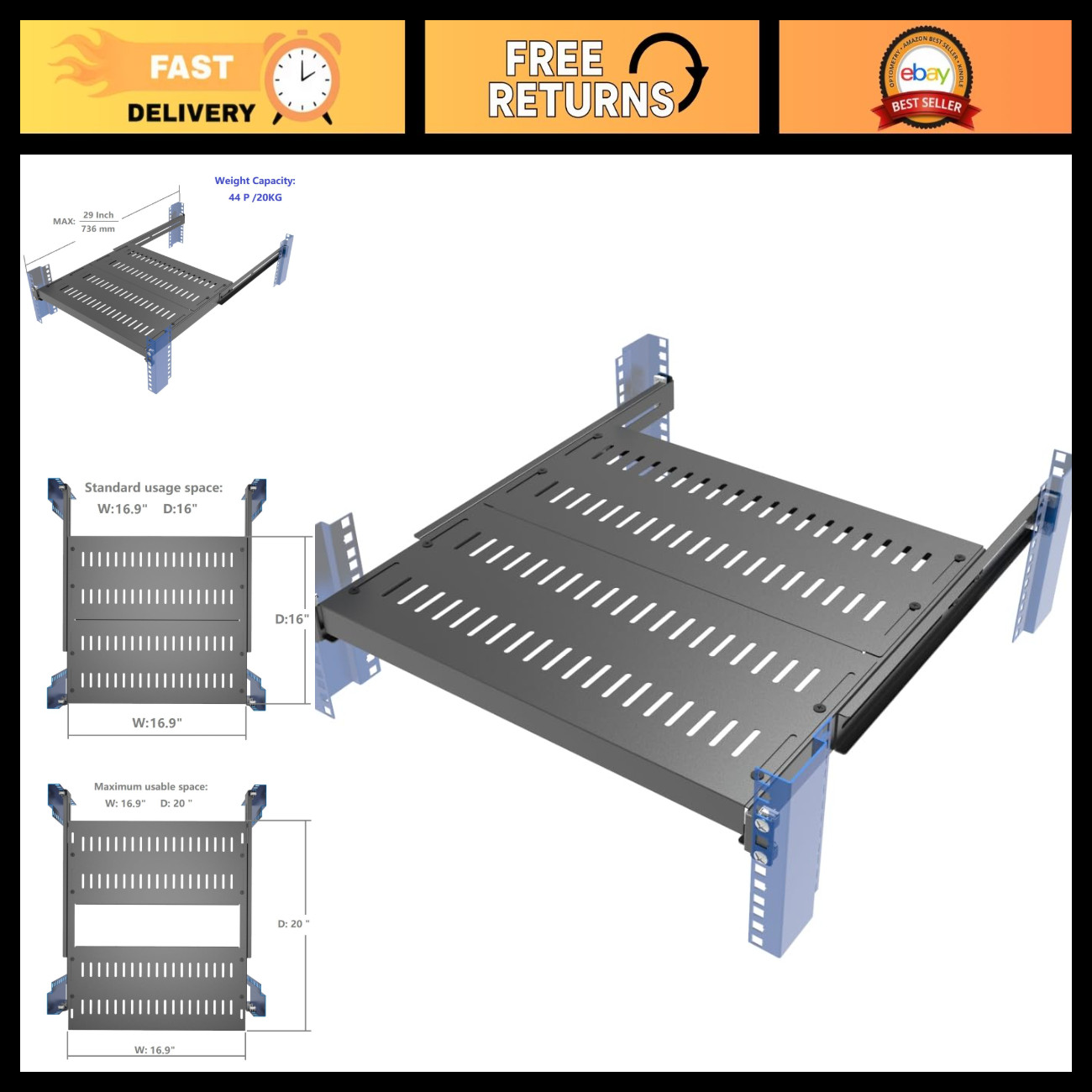 Adjustable 1U Vented 4-Post Server Shelf - Fits 16.5" to 29" Depth Racks