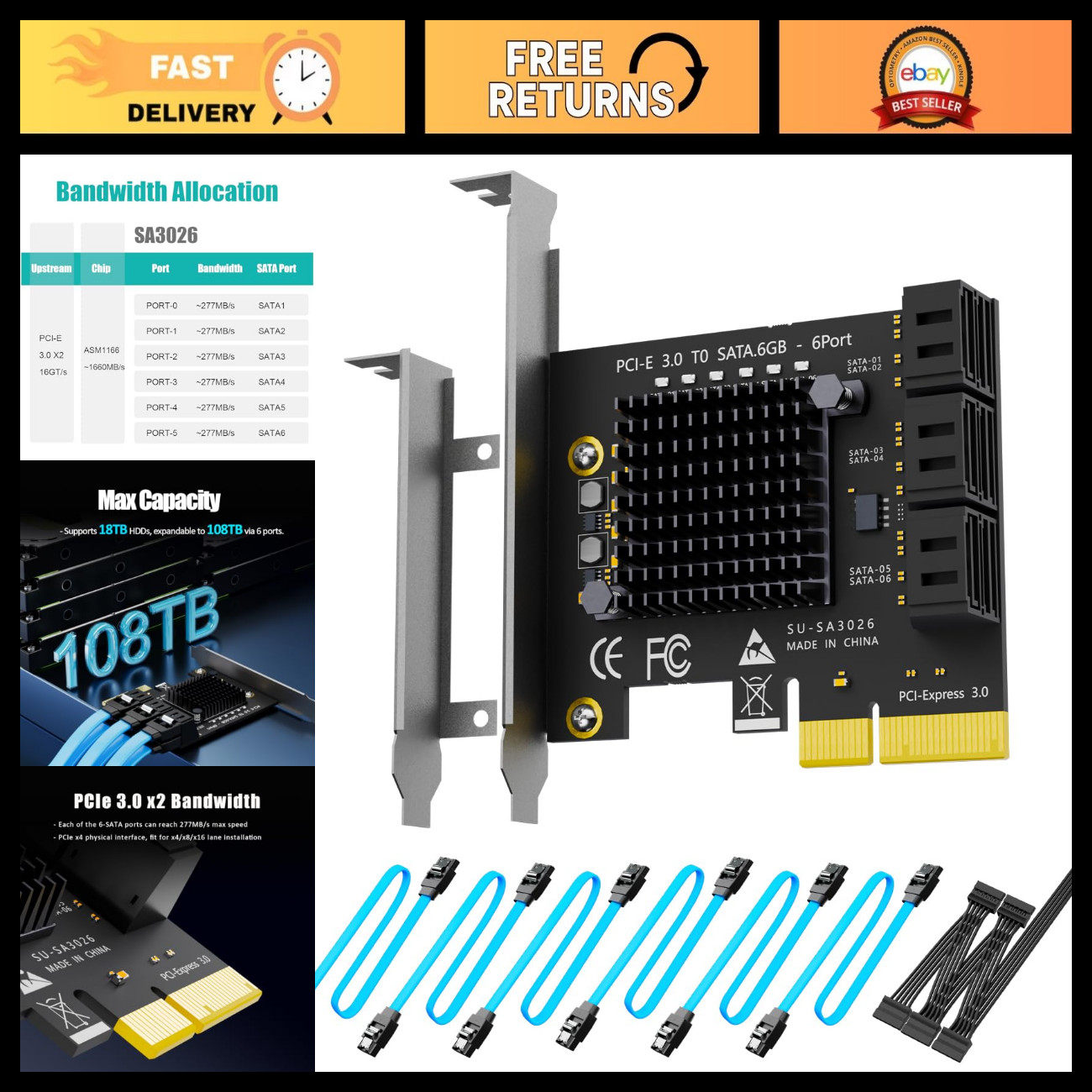 6 Port PCIe SATA Expansion Card - SATA III 6Gbps, High-Speed Data Transfer, ASM1