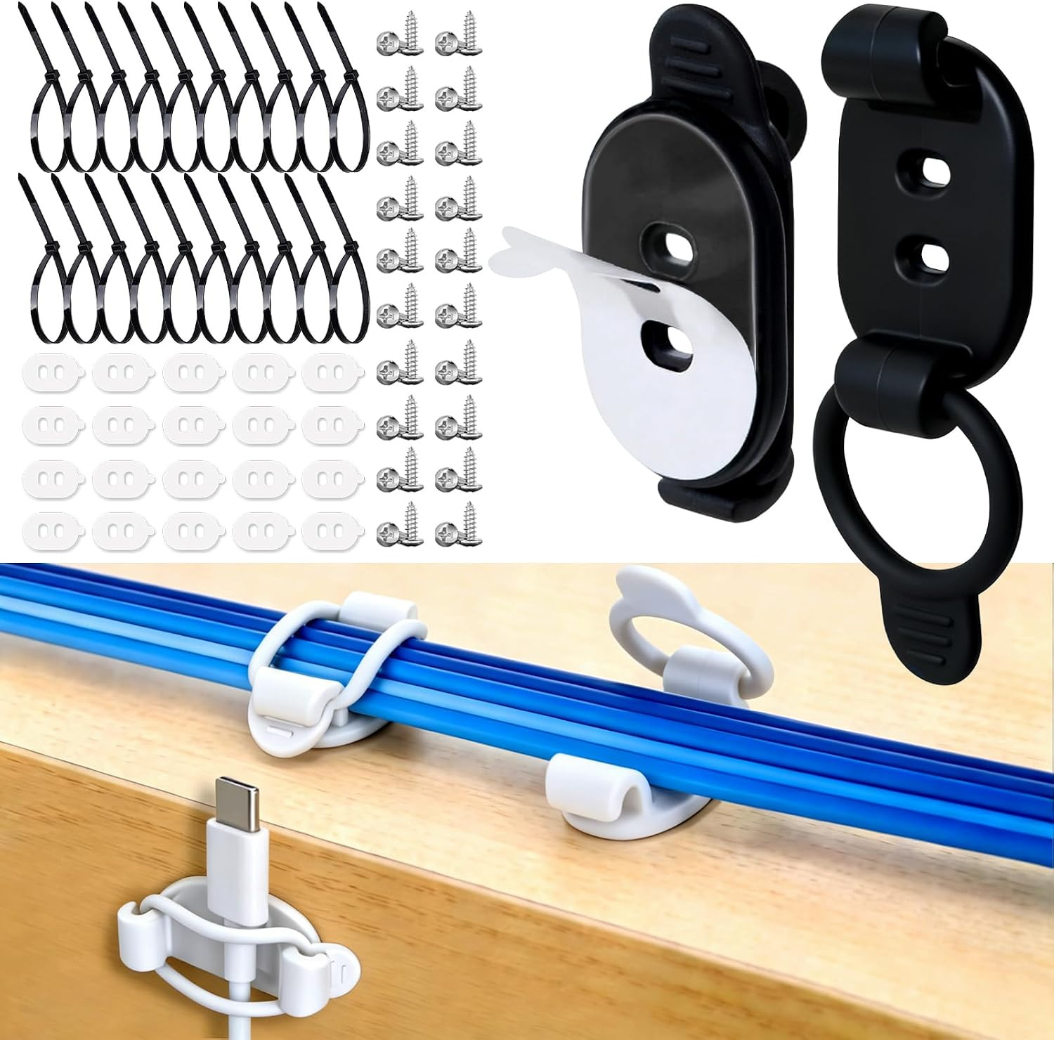 20 Pack Adhesive Cable Clips, Adjustable Cable Management Clips Black