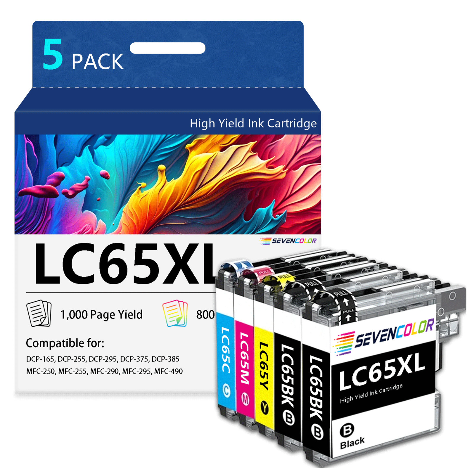 LC65XL High Yield Ink Cartridges Replacement for Brother LC65 | 5Pack, 2BK/C/M/Y