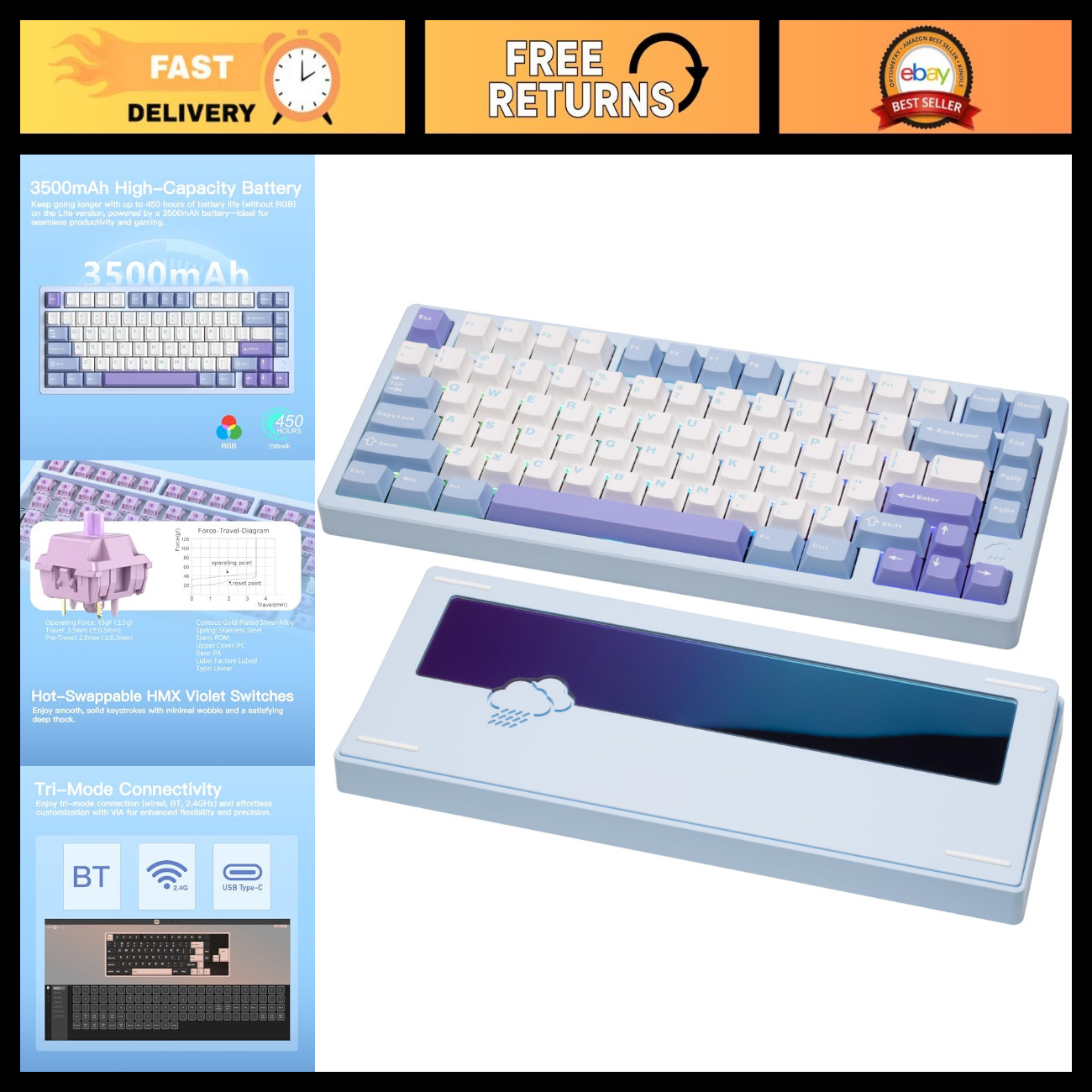 RGB Mechanical Keyboard Triple-Mode Connectivity, CNC Aluminum, 3500mAh, Violet