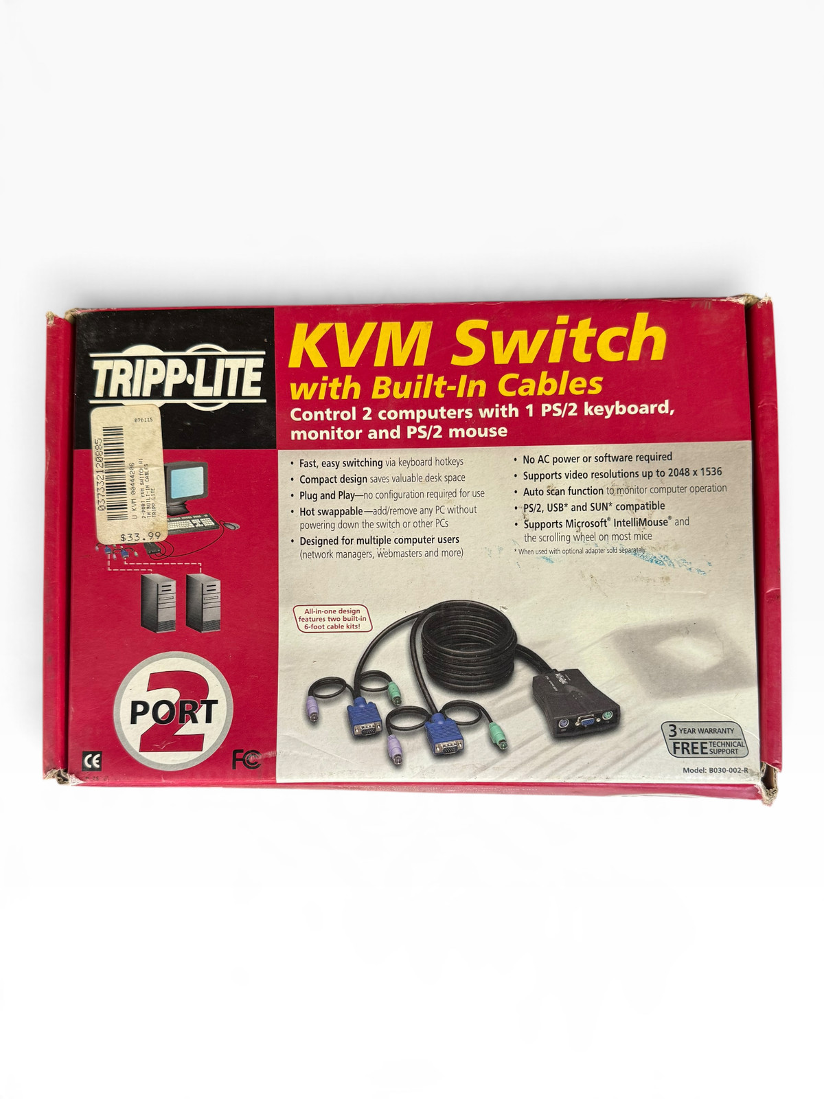 Tripp Lite B030-002-R 2-Port PS/2 KVM Switch With Built-In 6-Foot Cables