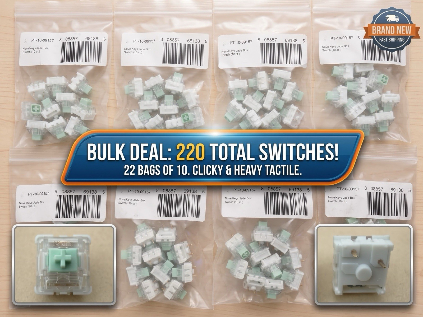 NovelKeys Kailh Box Jade Mechanical Clicky Keyboard Switches Lot 220 New 3-Pin 