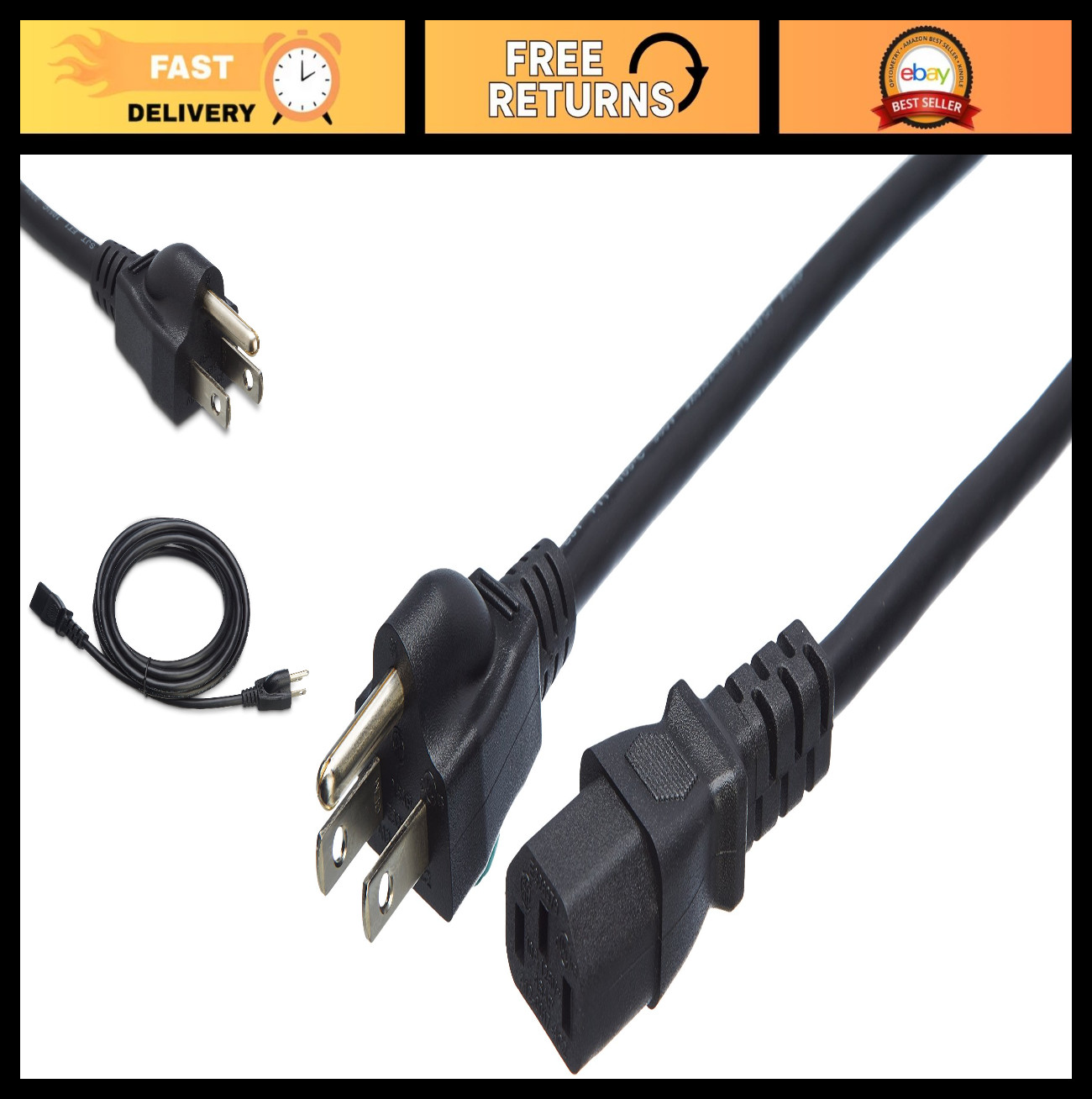 12ft Computer Monitor Power Cord - 24 Pack, Universal TV Replacement Cable, Blac