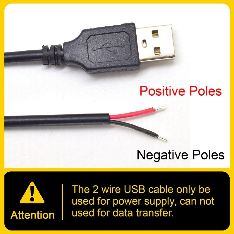 2pcs 0.3M/1FT USB Male to Bare Wire Cable 20AWG 5A USB2.0 2pin DIY Pigtail Cable