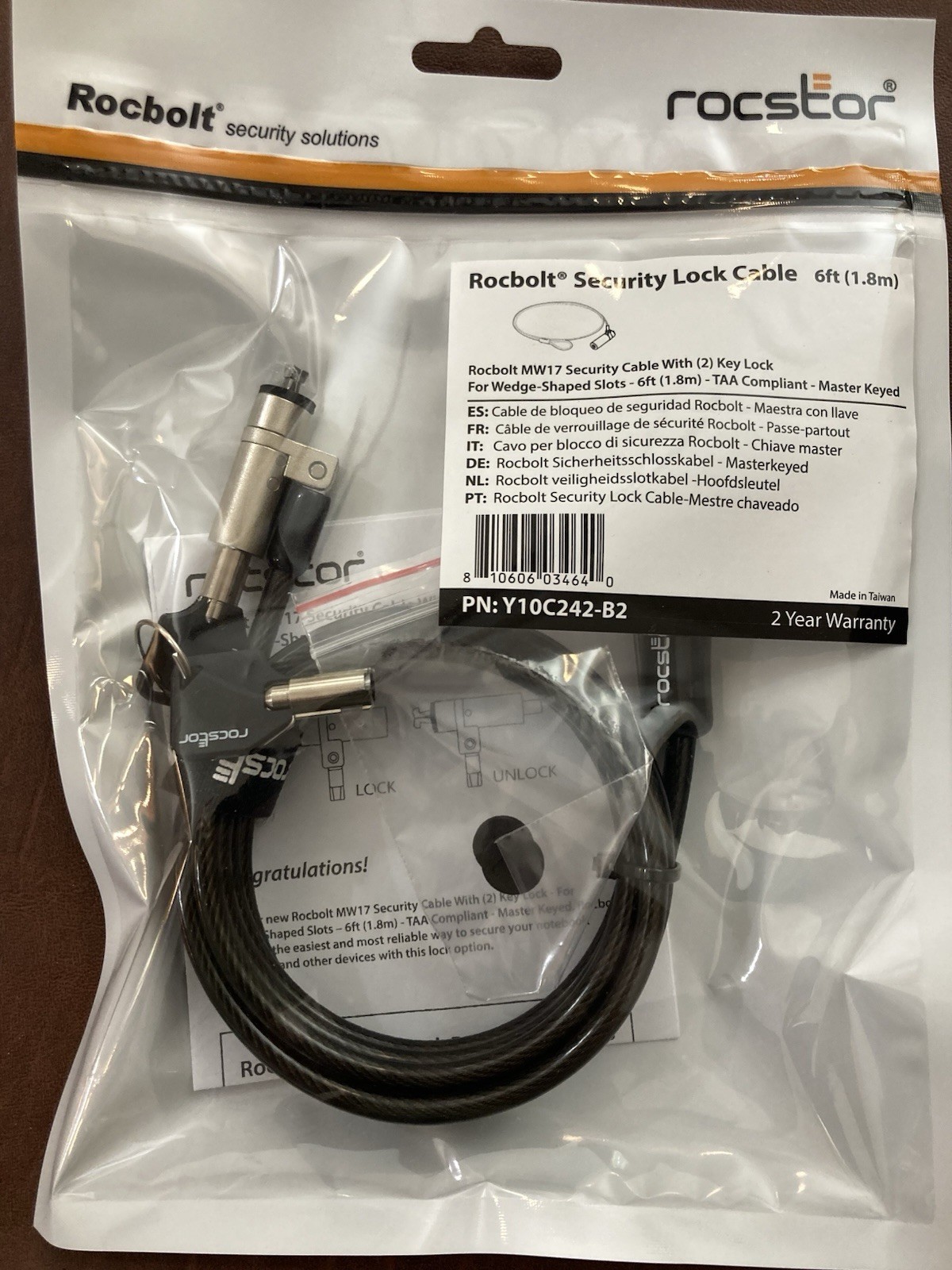 Rocstor Rocbolt MW17 Security Lock Cable 6ft Key Lock Wedge Slot Y10C242-B2