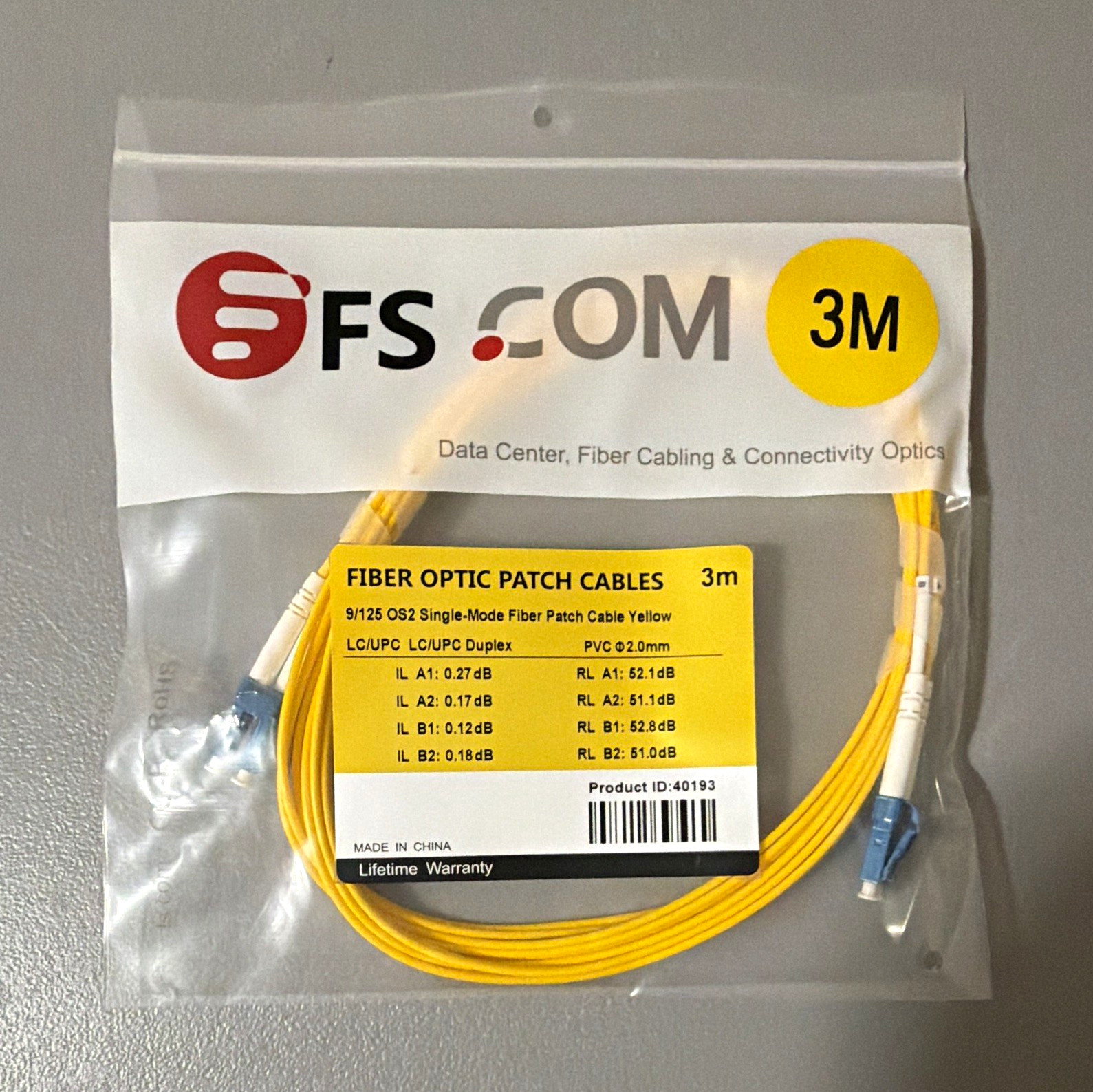 FS.COM 3m OS2 9/125 Duplex Fiber Patch Cable LC/UPC-LC/UPC Yellow D3D2