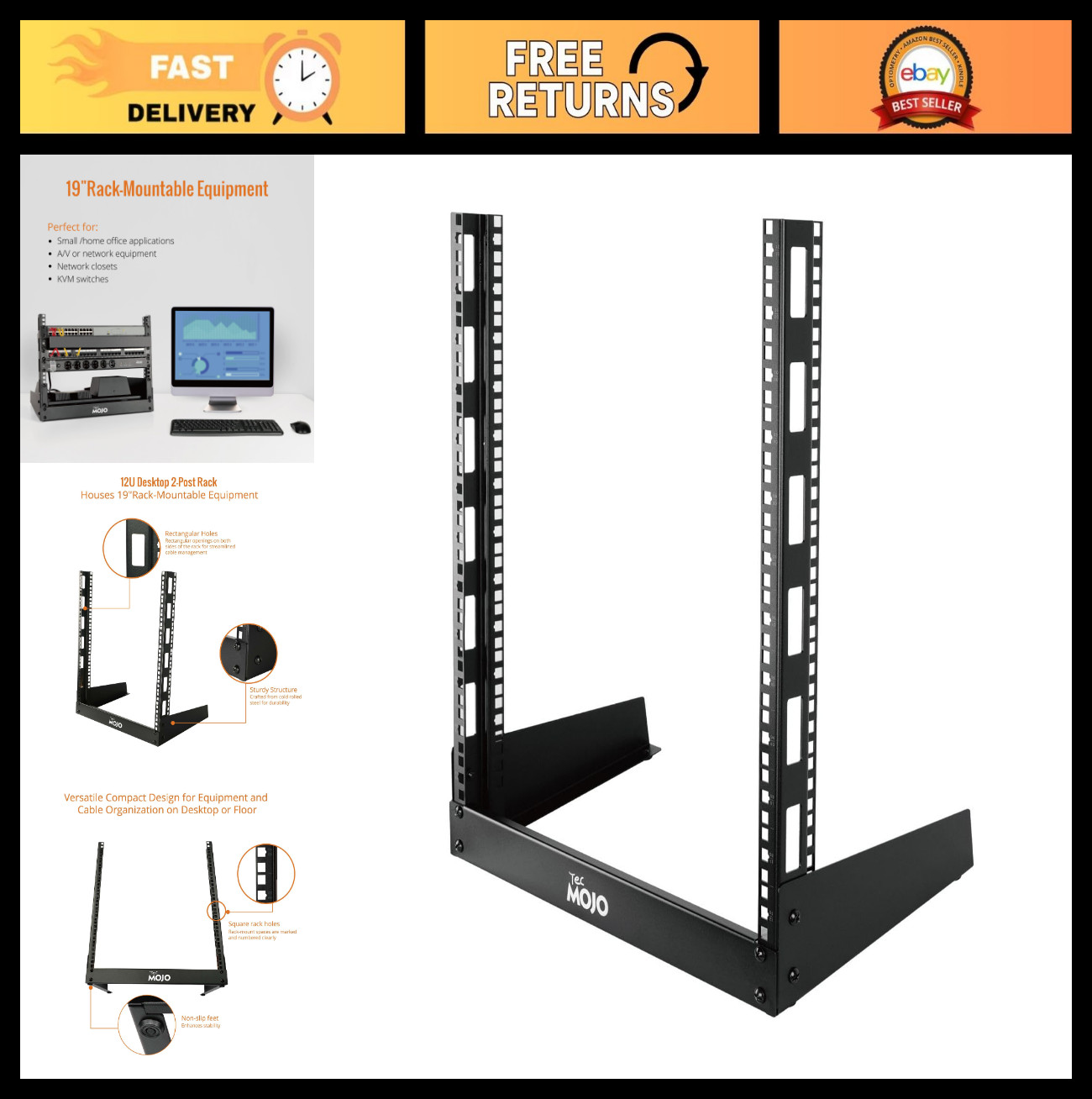 12U Desktop Server Rack - Open Frame 19" AV/Data/Audio Equipment Stand, Free-Sta