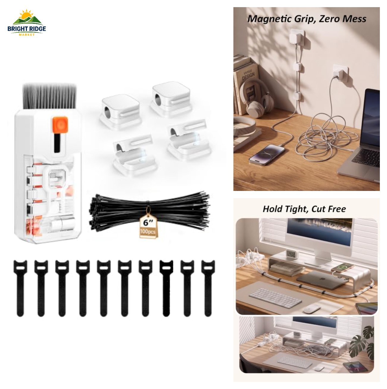 Cable Management Kit 124 PCS with Magnetic Clips, Zip Ties, Cleaning Tools