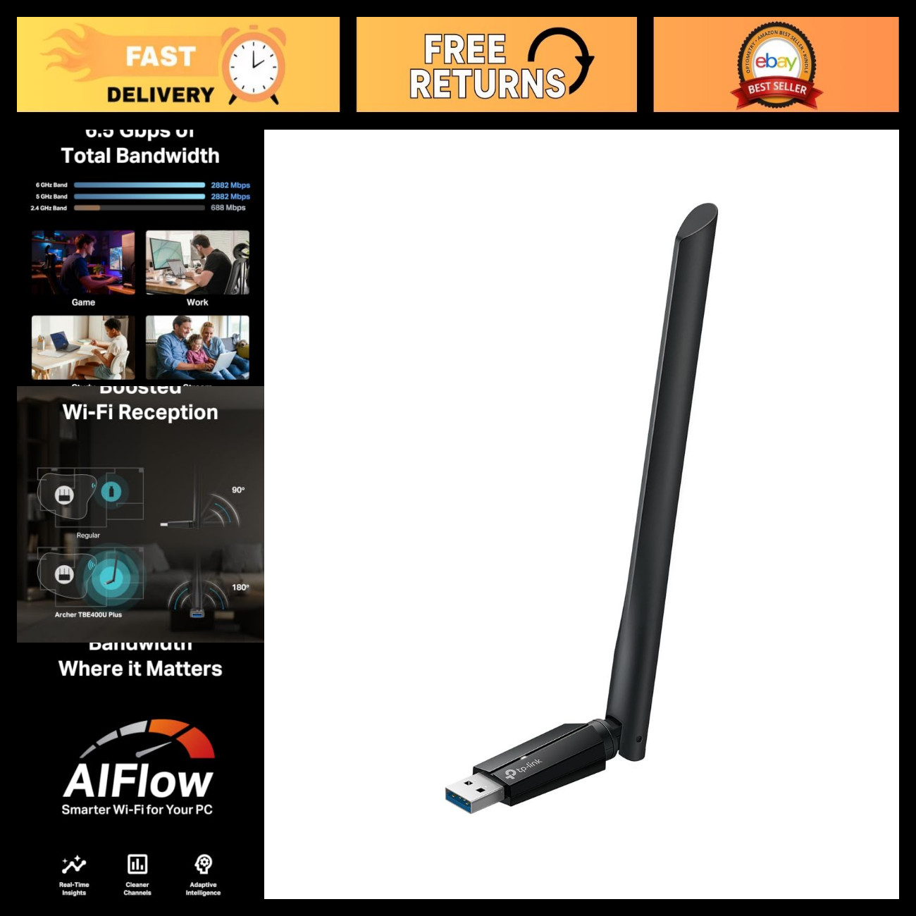 Tri-Band Wi-Fi 7 USB 3.0 Adapter for Desktop PC, High-Speed WiFi Dongle