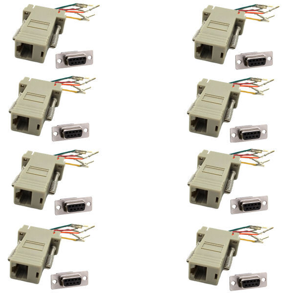 8x DB9 9-Pin RS232 Serial Port Female to RJ45 8P8C Network Modular Adapter Ivory