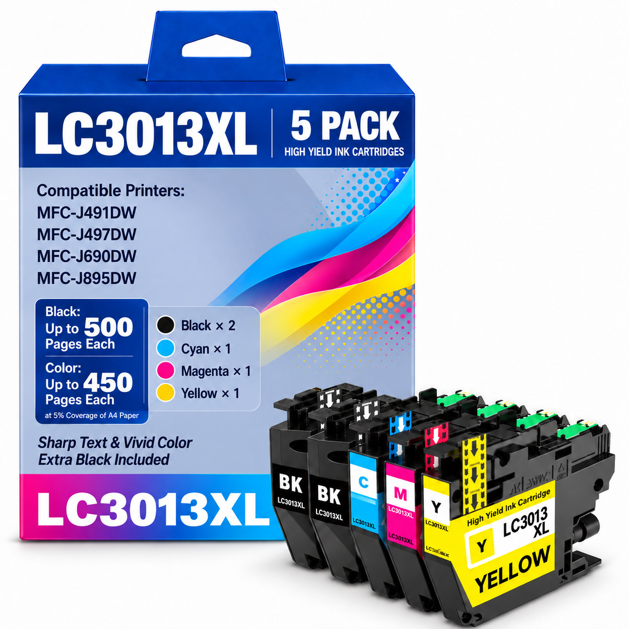 LC3013XL Ink Cartridges 5Pack Compatible for LC3011 MFC-J497DW J690DW J895DW