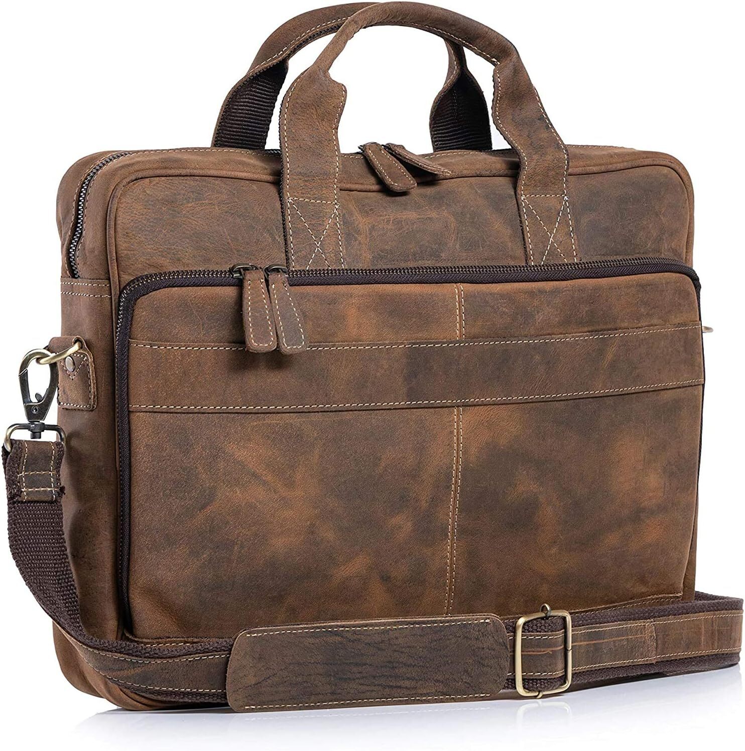 Leather briefcase 18 Inch Laptop Messenger Bags for Men and Distressed Tan 