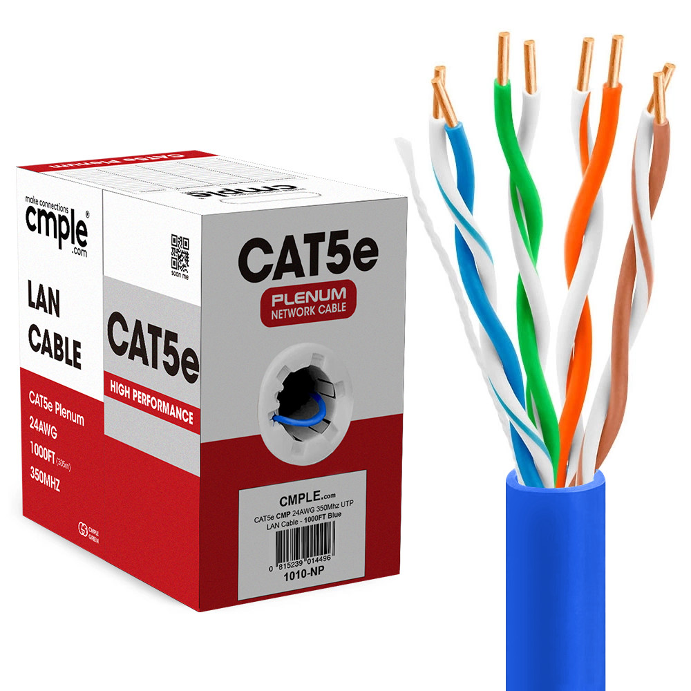 Cat5e Plenum Ethernet Cable 1000ft CMP Solid 24AWG UTP High Speed Bulk Blue