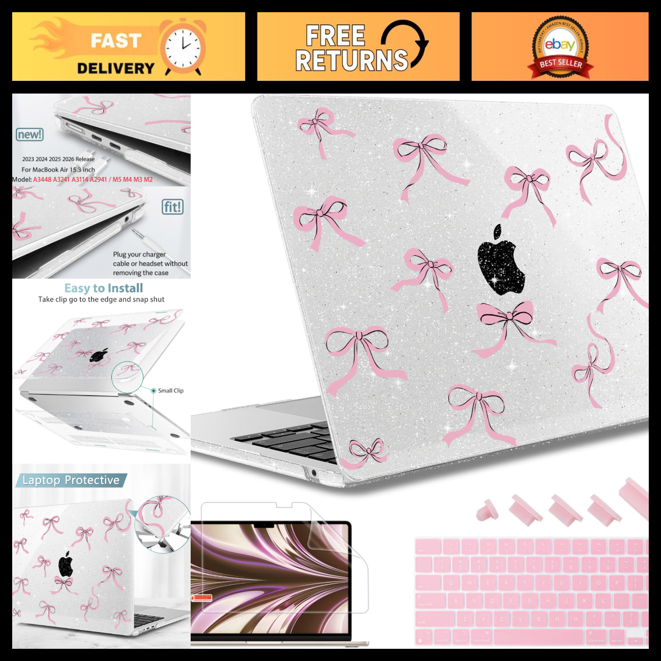 15" MacBook Air Case - Hard Shell, Clear Glitter Bow, Fits Retina Display & Touc