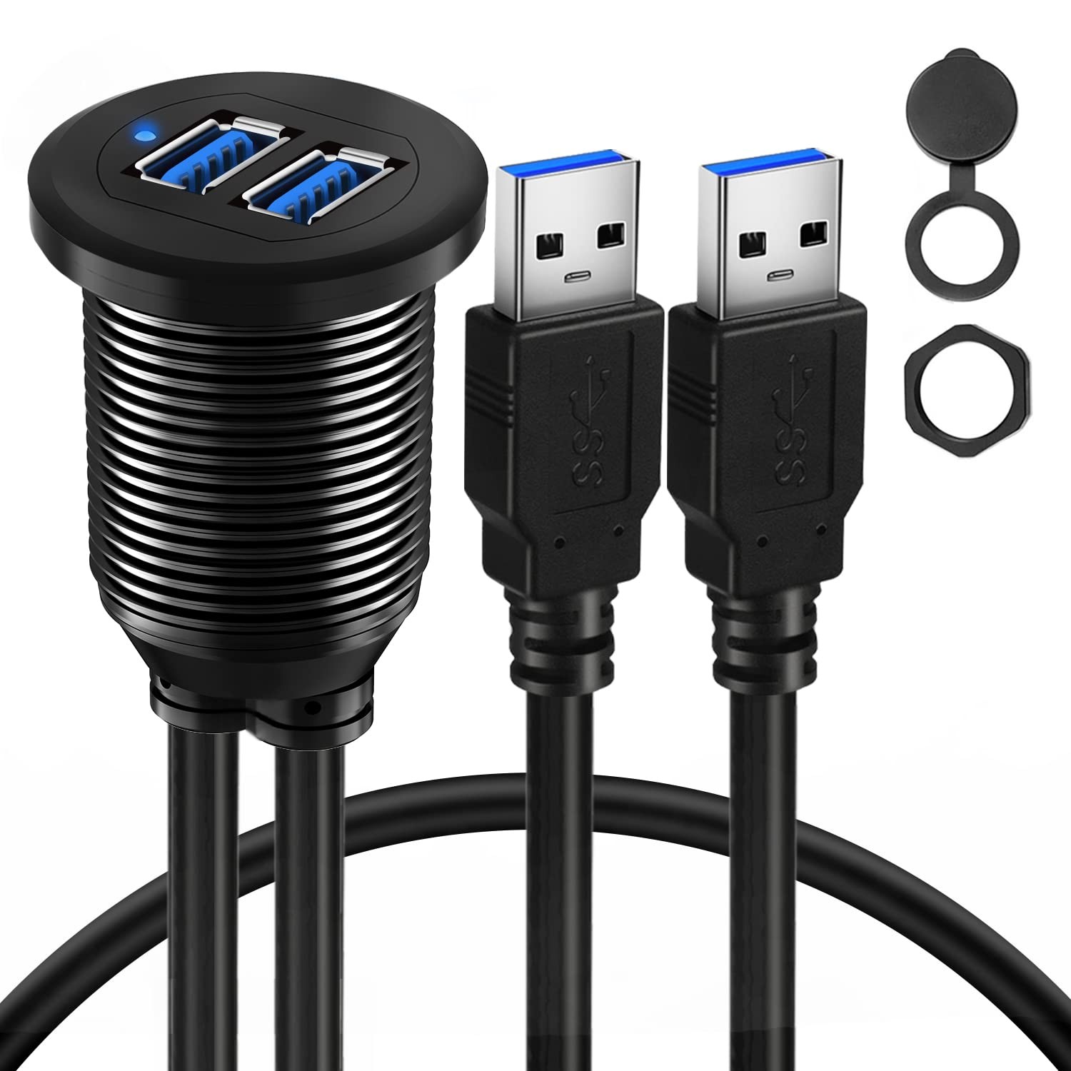 BATIGE Alloy Dual Port USB 3.0 Car Dashboard Flush Mount Cable, 3ft, Black 