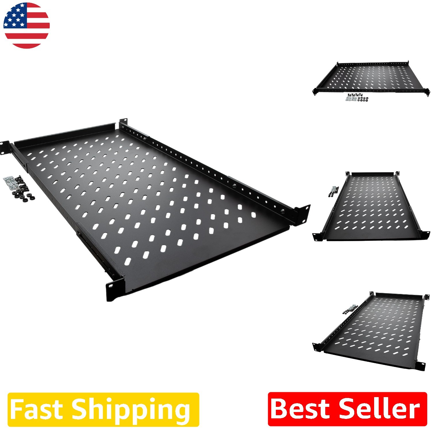 Durable 4-Post Rack Shelf - 1U, 242lb Max, Vented Design, Black Alloy Steel