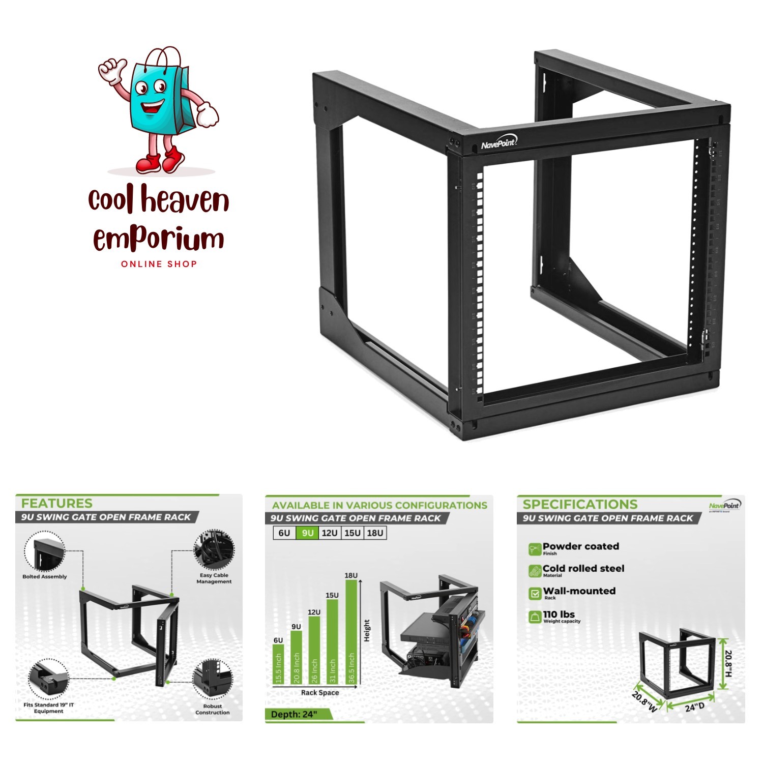 9U Server Rack with Swing Gate - Wall Mount Rack for 19 Inch IT & AV Equipmen...