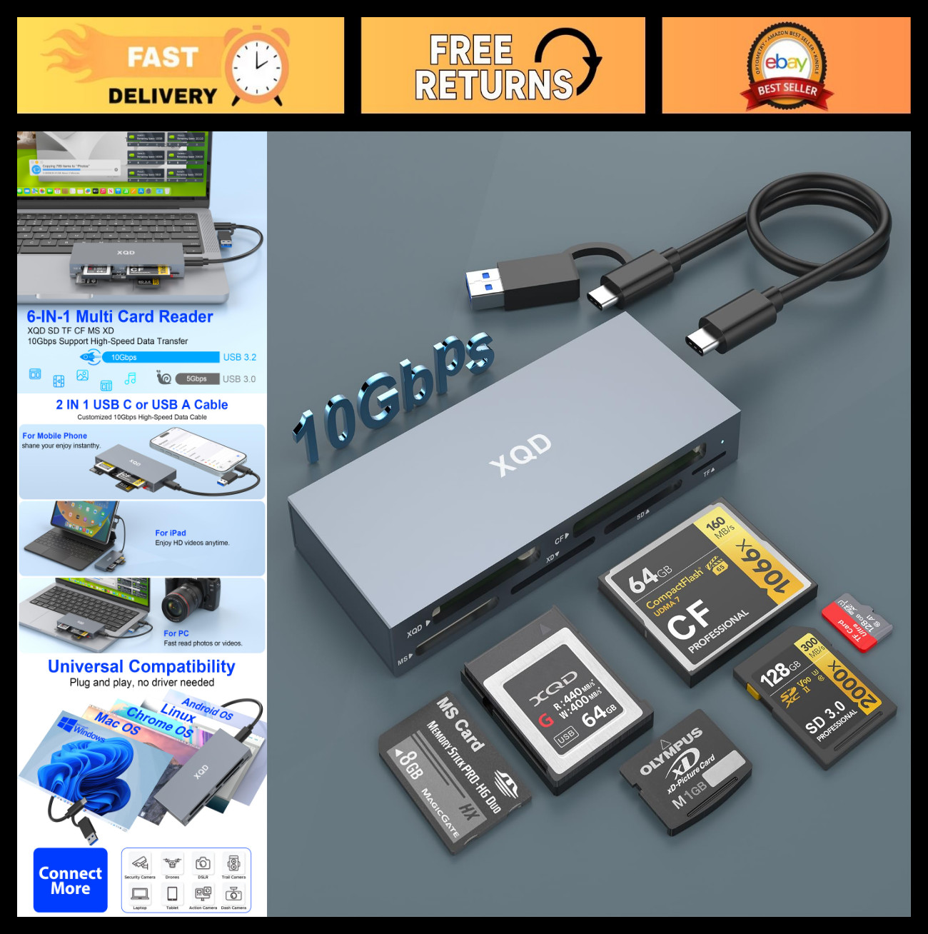 10Gbps 8-in-1 Multi XQD Card Reader for Sony, Lexar, CF, SD, USB-C, Windows/Mac/