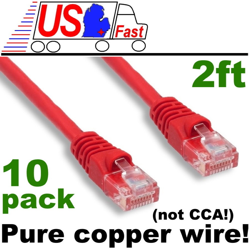 Lot10pcs/pack PURE COPPER (notCCA) 2ft RJ45 Cat5e Ethernet Cable/Cord/Wire {RED