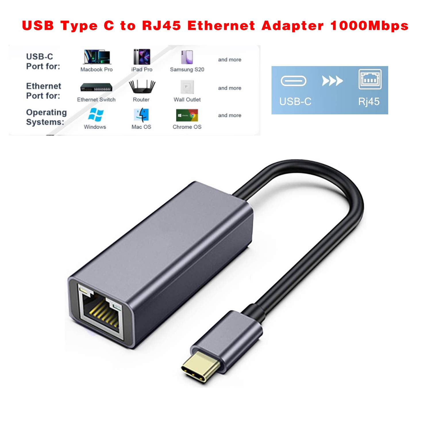 USB-C 3.1 Gigabit Ethernet LAN RJ45 1000Mbps Network Adapter for PC Mac Android