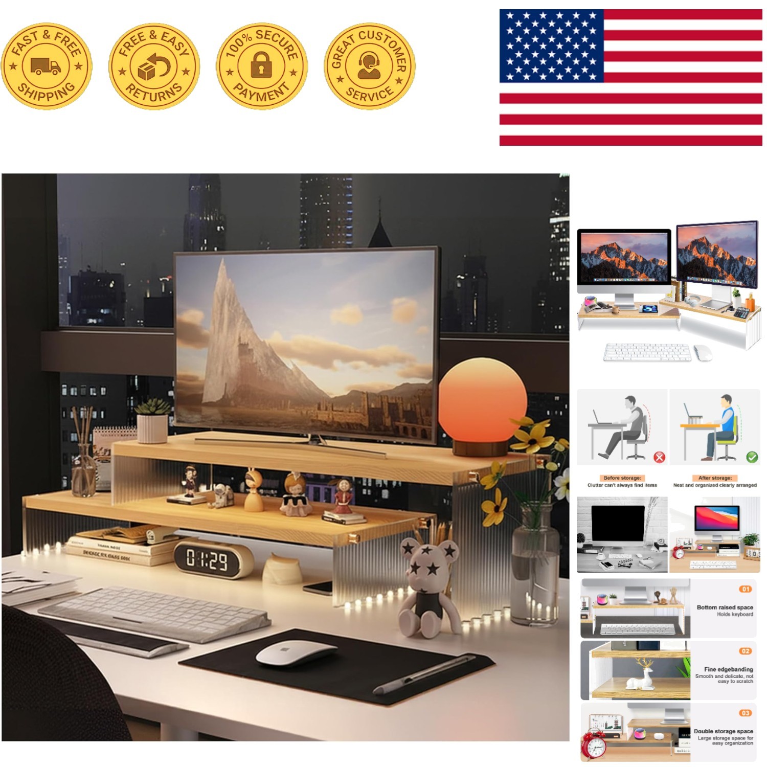 Compact 2-Tier Wood Desktop Riser - Ergonomic Solution for Monitors & Supplies