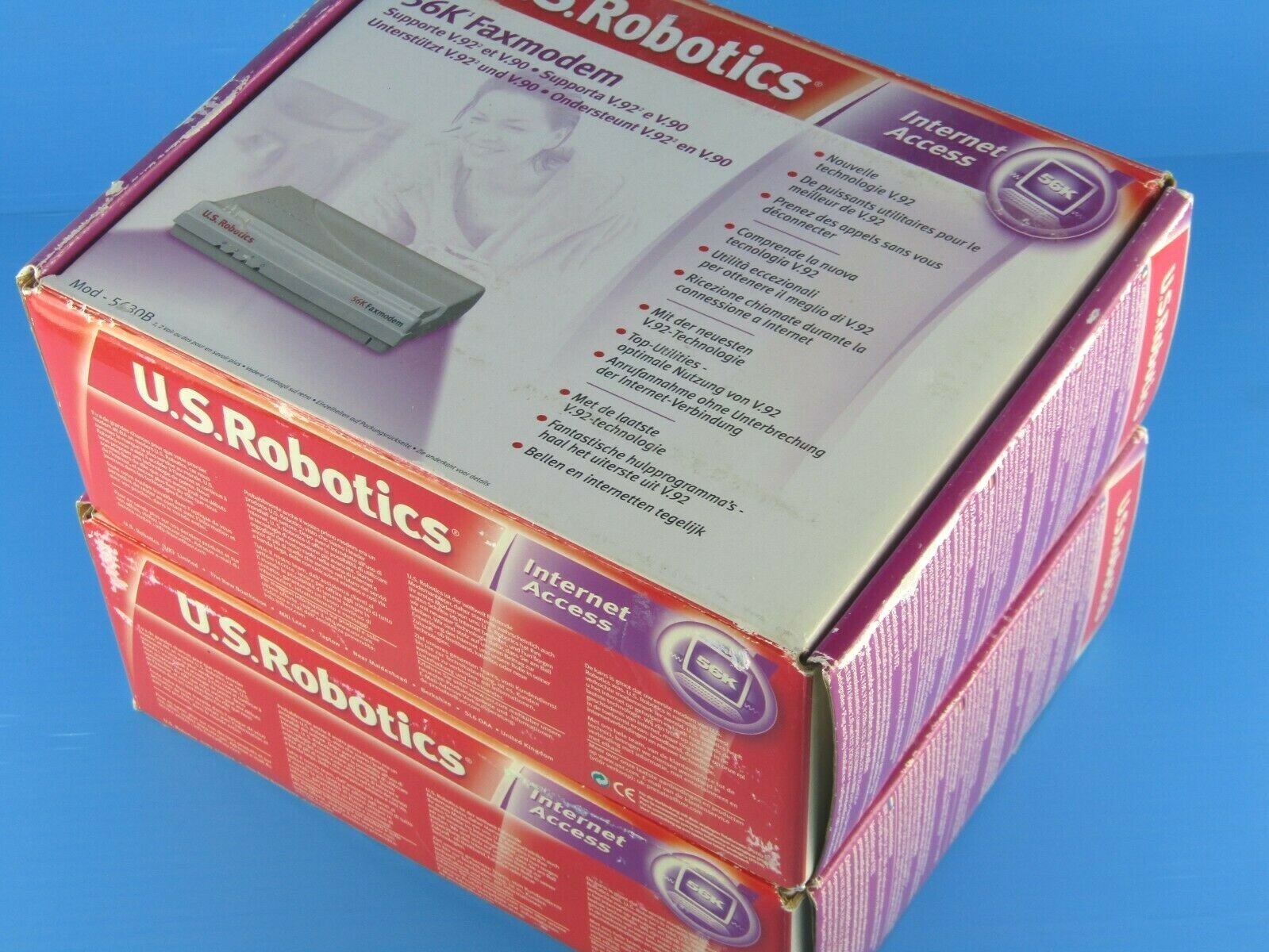 NEW US Robotics Mod 5630B 56K Faxmodem V.92, Non US Plug, Lot of 2