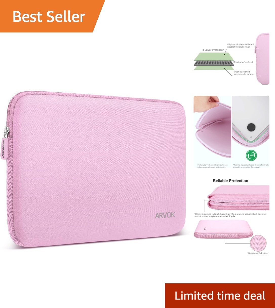 Multi-Protection 12 Inch Laptop Sleeve with Quick Zipper - Chic Pink Design