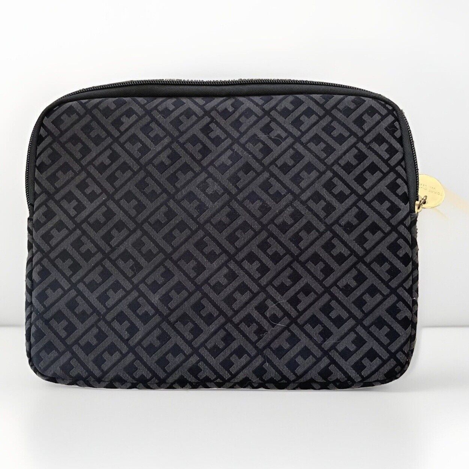 Tommy Hilfiger Zip Around Tablet Case TH Pattern Black Gray Gold Logo 10.5” x 8”