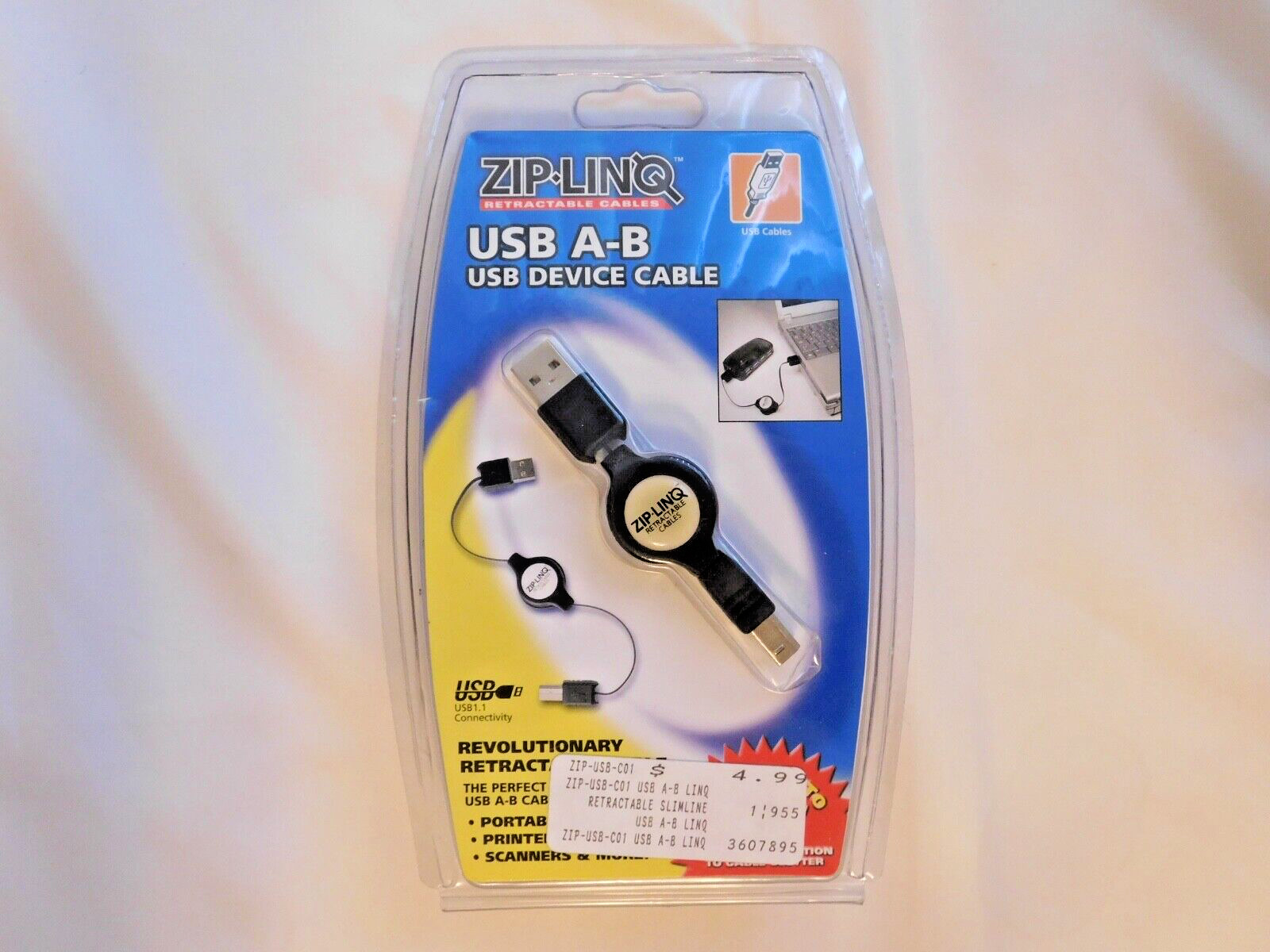 ZIP-LINQ USB A-B USB Device Cable: Spring Retractable, New Unopened Package