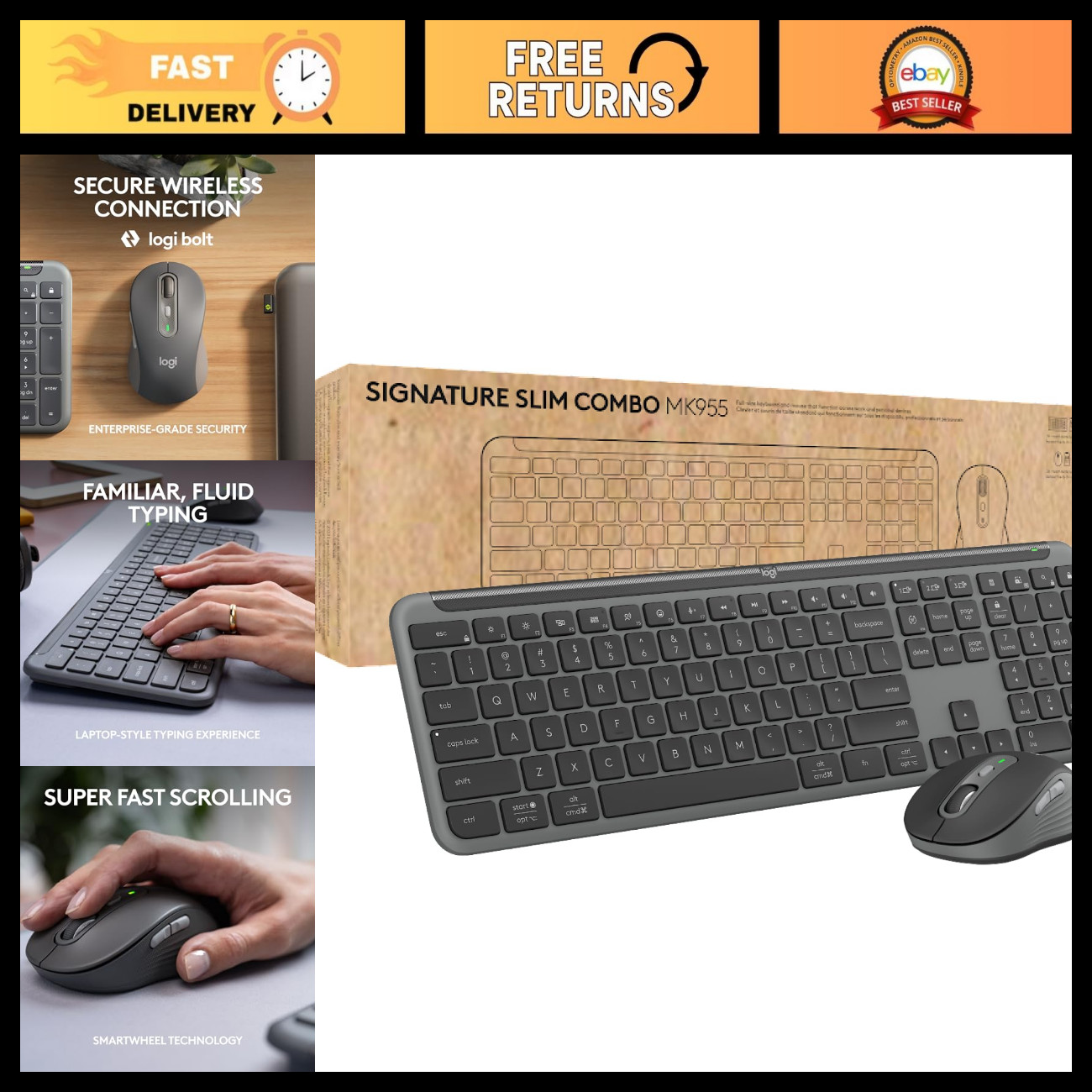 Slim Wireless Keyboard and Mouse Combo - Ergonomic Design, Quiet Keys, USB Recei