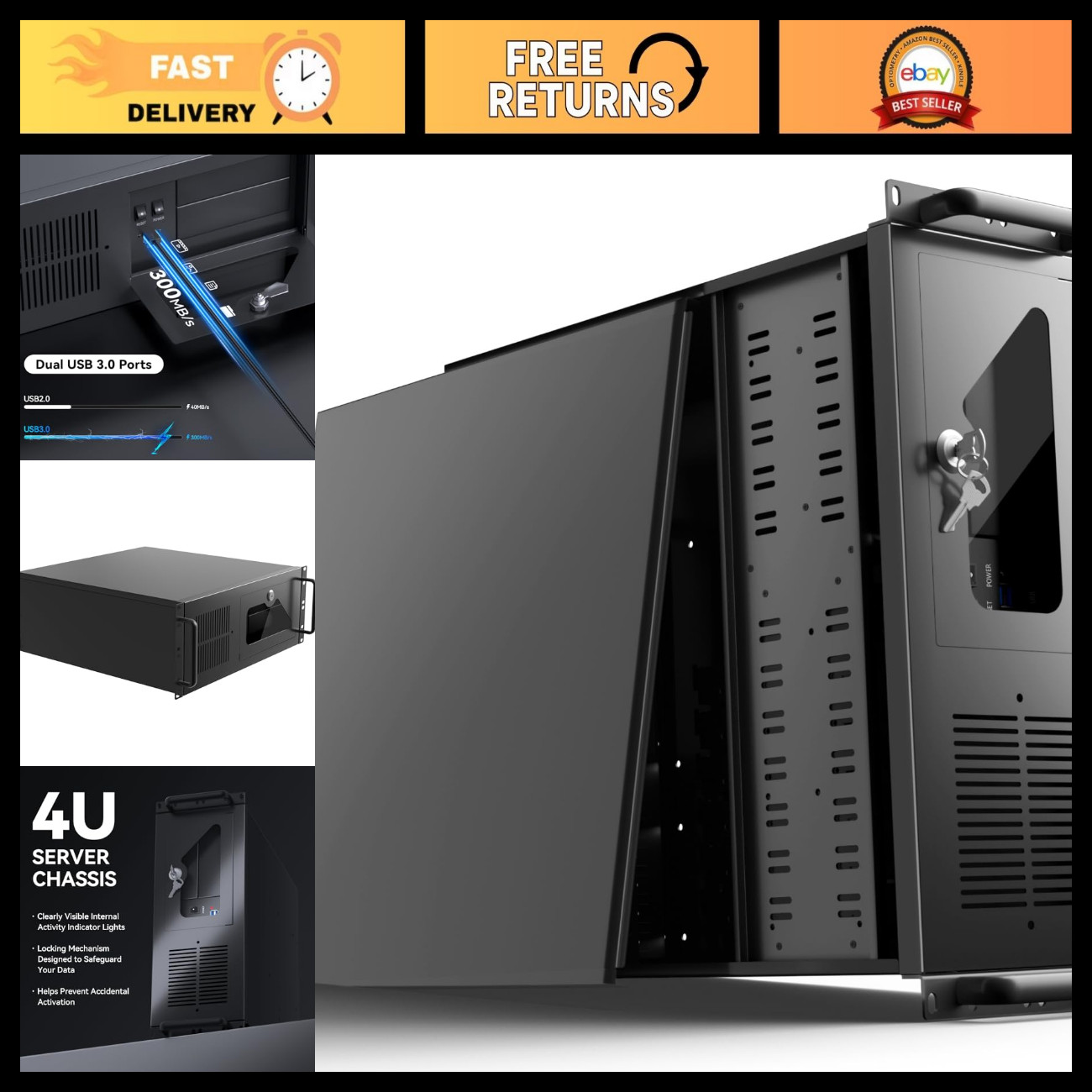 4U Rackmount Server Case with 7 PCI Slots, Multiple Drive Bays, USB 3.0 Ports