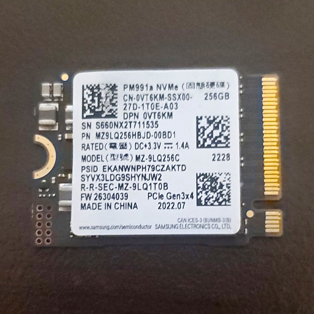 Samsung PM991a NVMe 256GB M.2 2230 PCIe Gen3x4  SSD 99% Lifespan Remaining