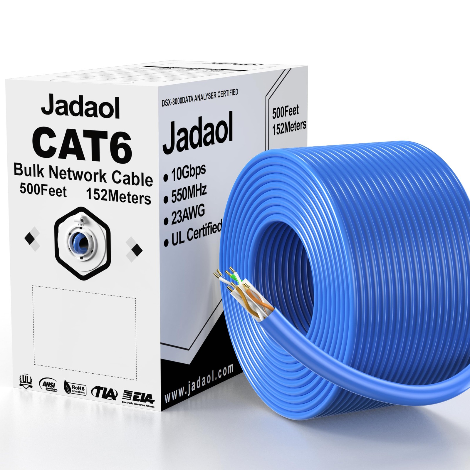 Jadaol Cat6 Riser (CMR) Bulk Ethernet Cable 500ft 23AWG 10Gbps PoE++ Blue