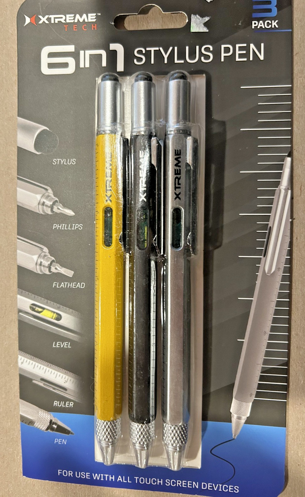 3 PAC: Xtreme 6-in-1 Stylus Pen Level Phillips/Flat Screwdriver Ruler - NEW SEAL