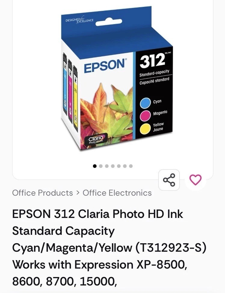 Epson 312 Photo HD Ink Expression XP-8500, 8600, 8700, 15000 CMY
