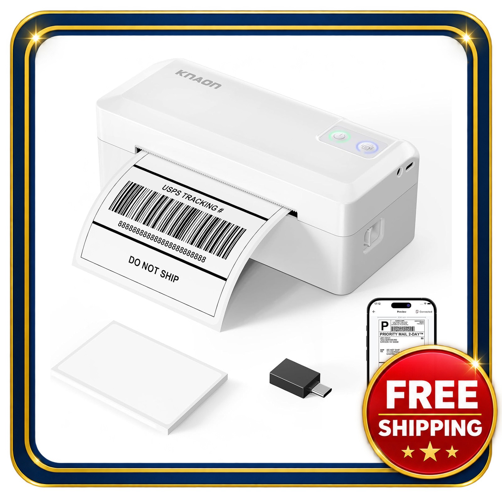 KNAON Bluetooth Thermal Shipping Label Printer 4x6 Portable White
