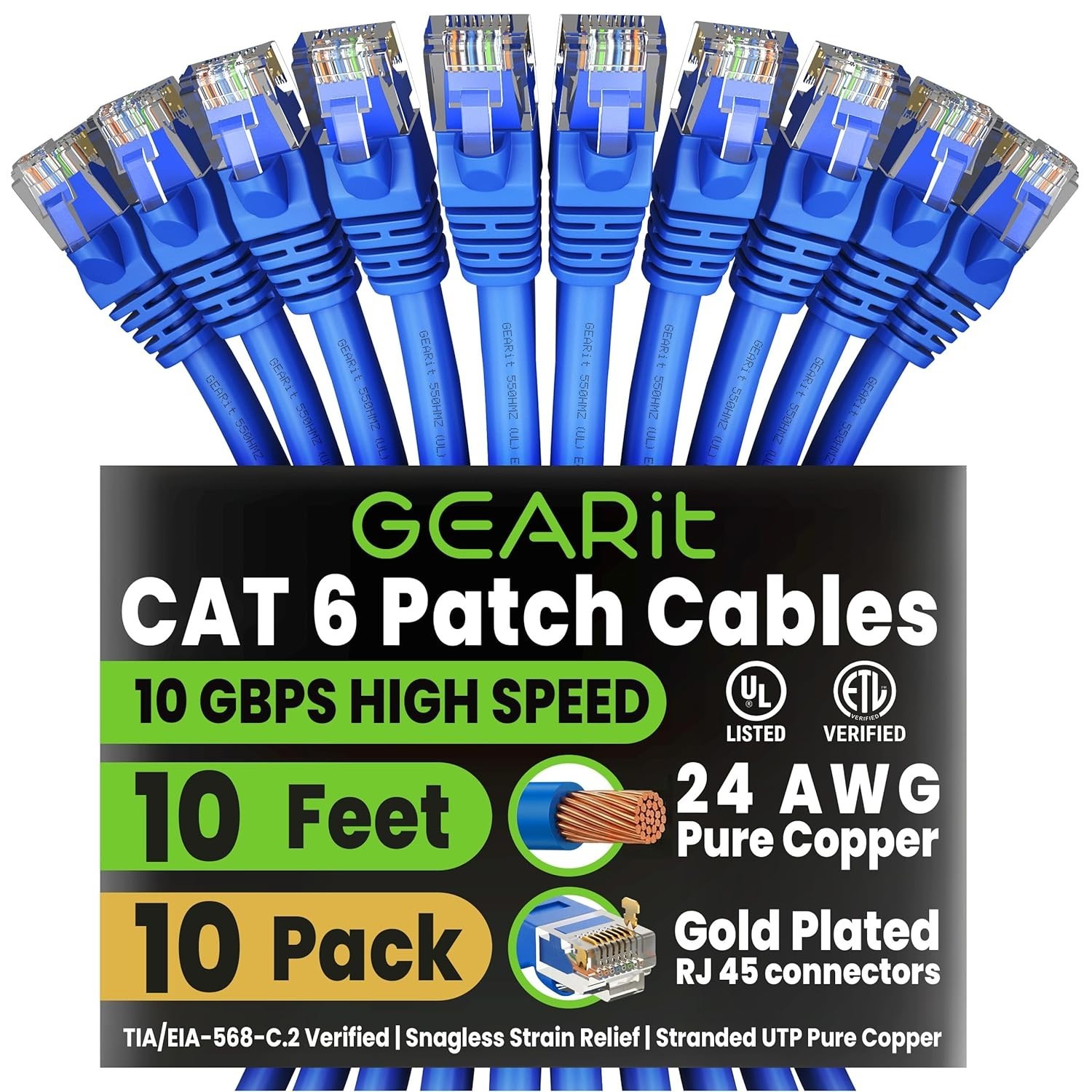 Versatile Cat 6 Ethernet Cable 10ft - 10-Pack for Fast, Secure Data Transfer