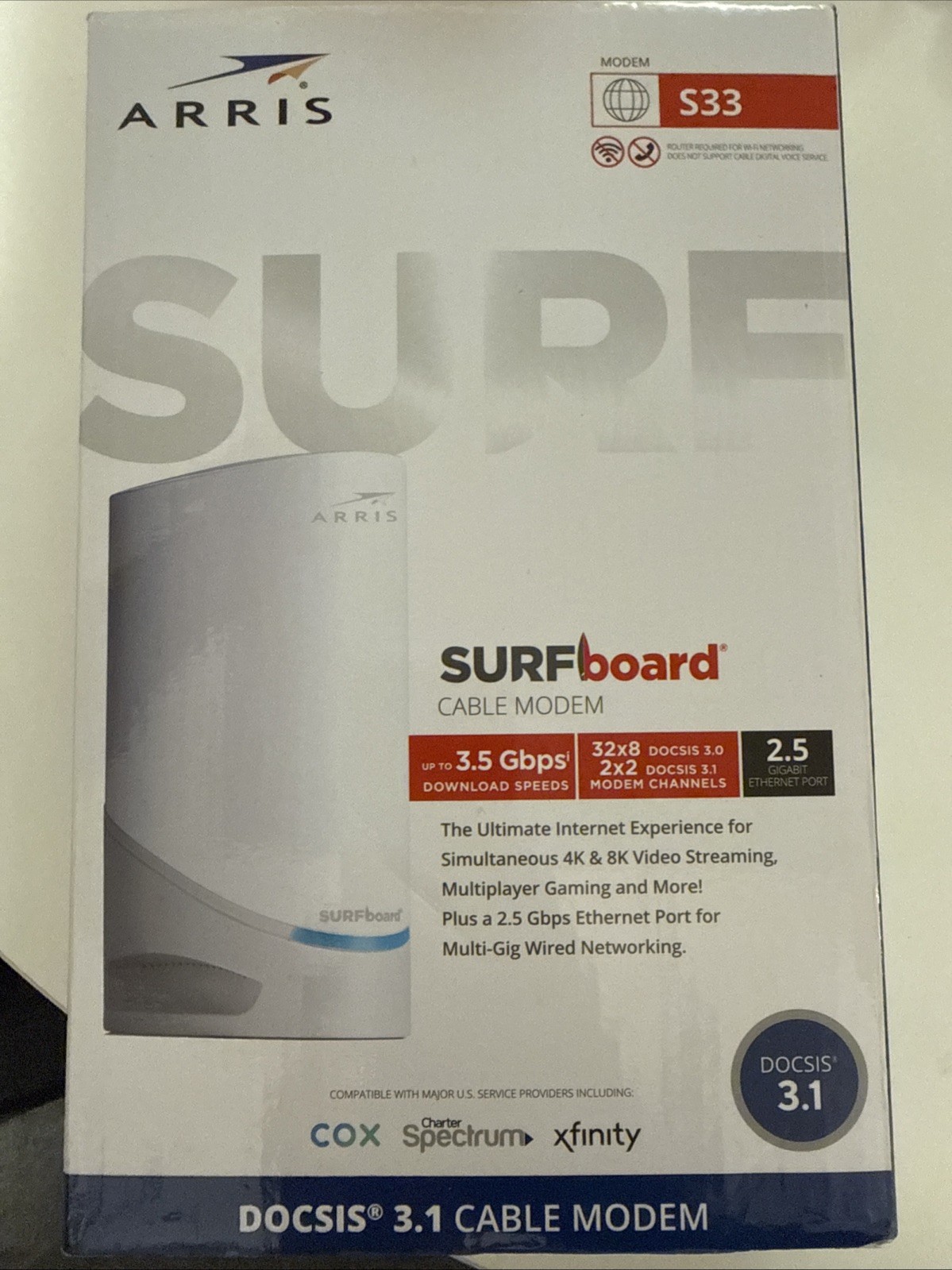ARRIS SURFboard S33v2 DOCSIS 3.1 Cable Modem w/ Power Adapter