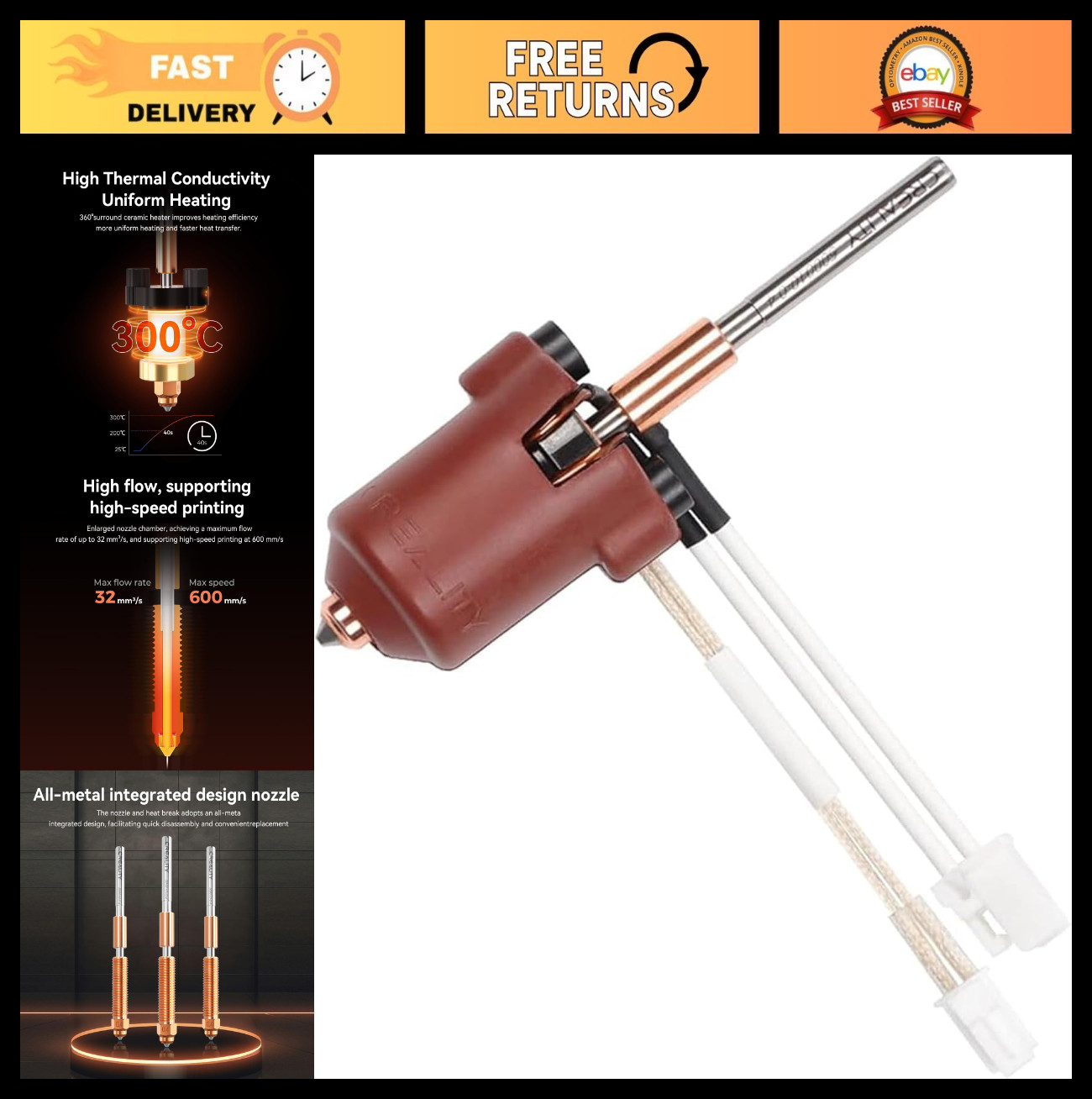 High-Performance Hotend Kit for 3D Printers, 300°C Ceramic Heating Block, 60W Fa