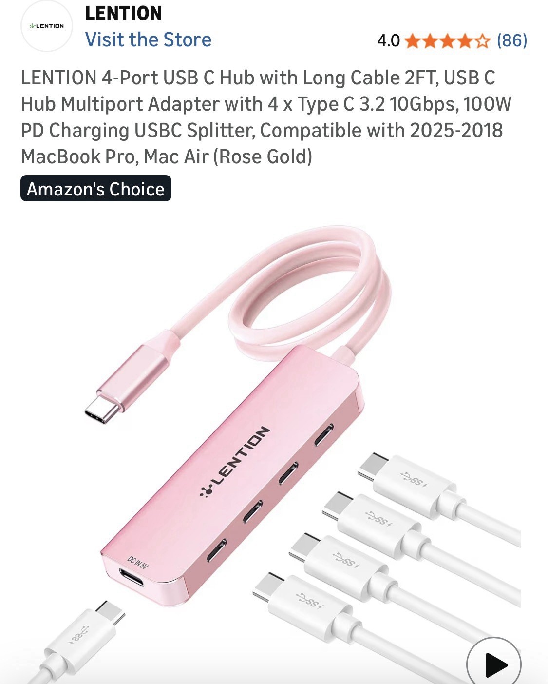 Lention Rose Gold 4-port USB C Hub 3.0