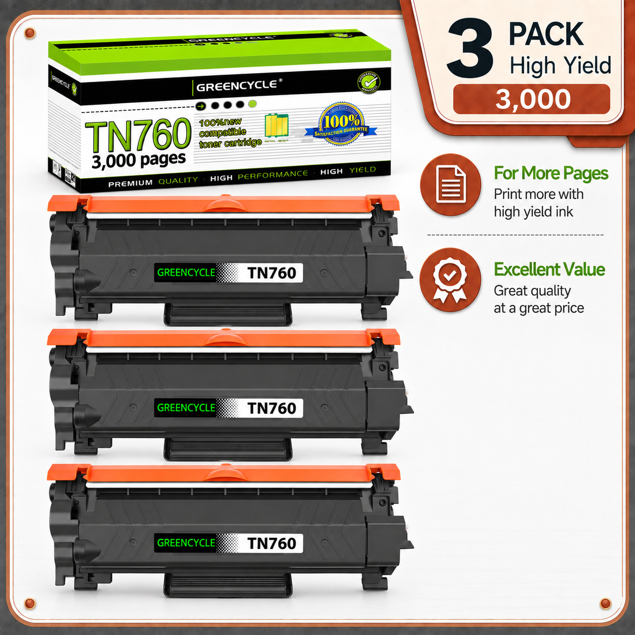GREENCYCLE 3PK TN760 Toner Replacement for Brother MFC-L2730DW MFC-L2717DW