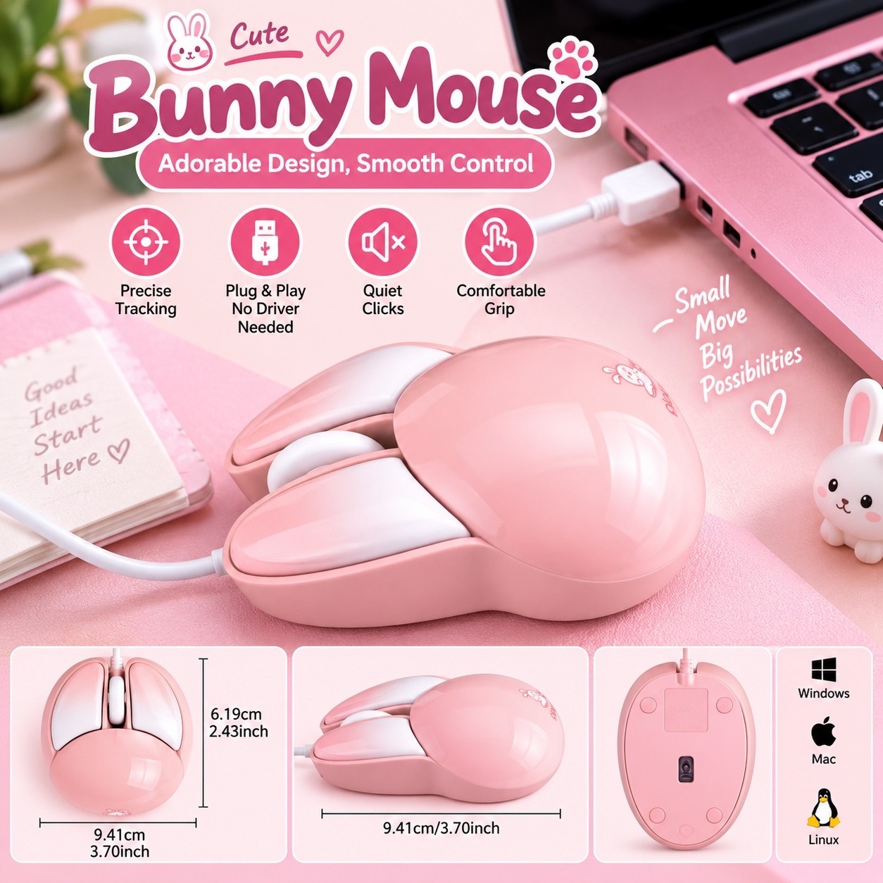 Cute Bunny Mouse Wired USB Computer Mouse - Pink Adorable Design