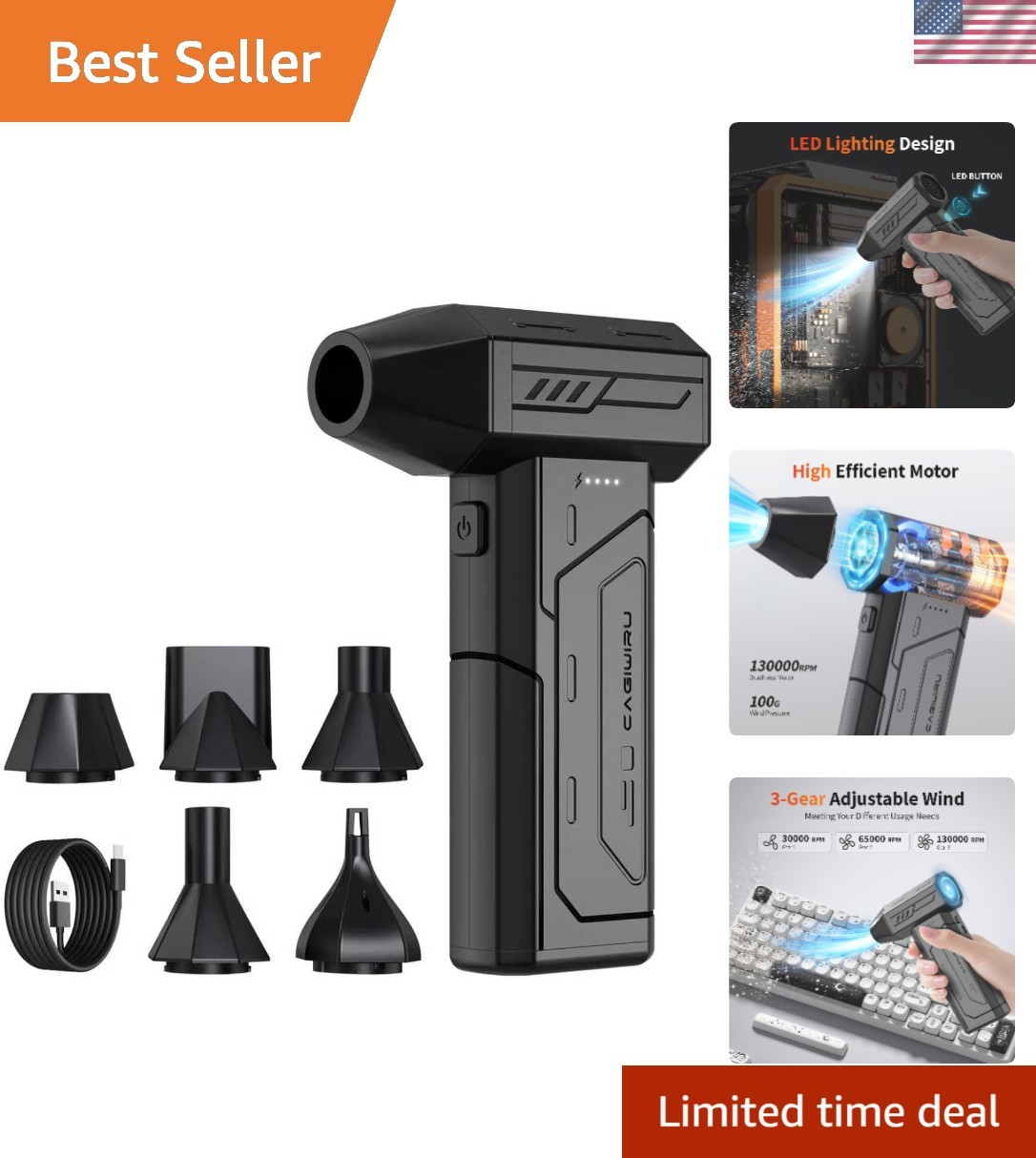 130,000 RPM Cordless Air Duster - Rechargeable Mini Blower with LED Light
