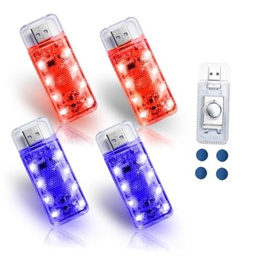 4 PCS Car LED Lights, USB Plug-in Rechargeable 8 High-Brightness LED 2Red&2Blue